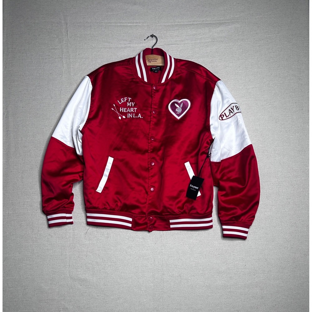 Playboy x PacSun Varsity Jacket Women's XS/S Red Satin Snap Front Bunny NWT